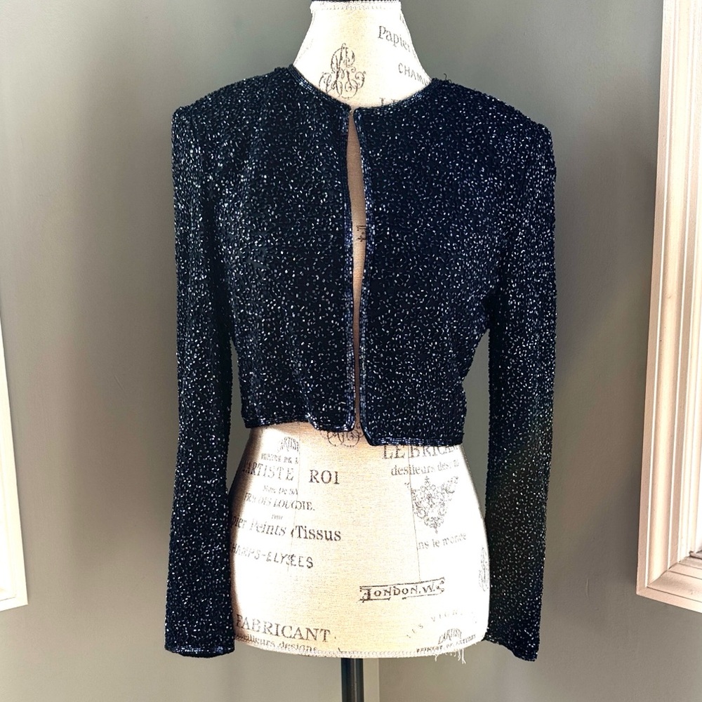 Lawrence Kazar silk beaded bolo cropped Black Sequin Jacket flawed size 6